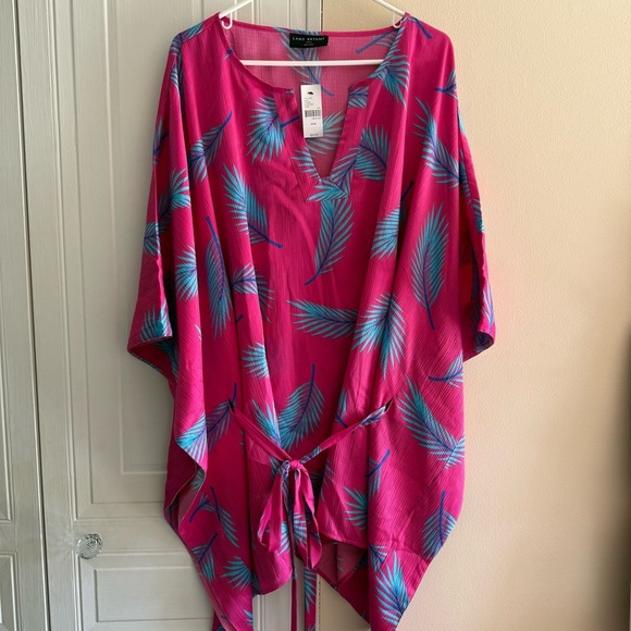 Pink and Blue Leaf Print Relaxed Split-Neck Kimono Top Lane Bryant 22/24 NWT - Picture 1 of 8